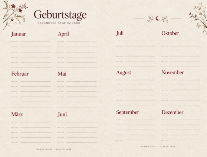 Geburtstagskalender zum Eintragen